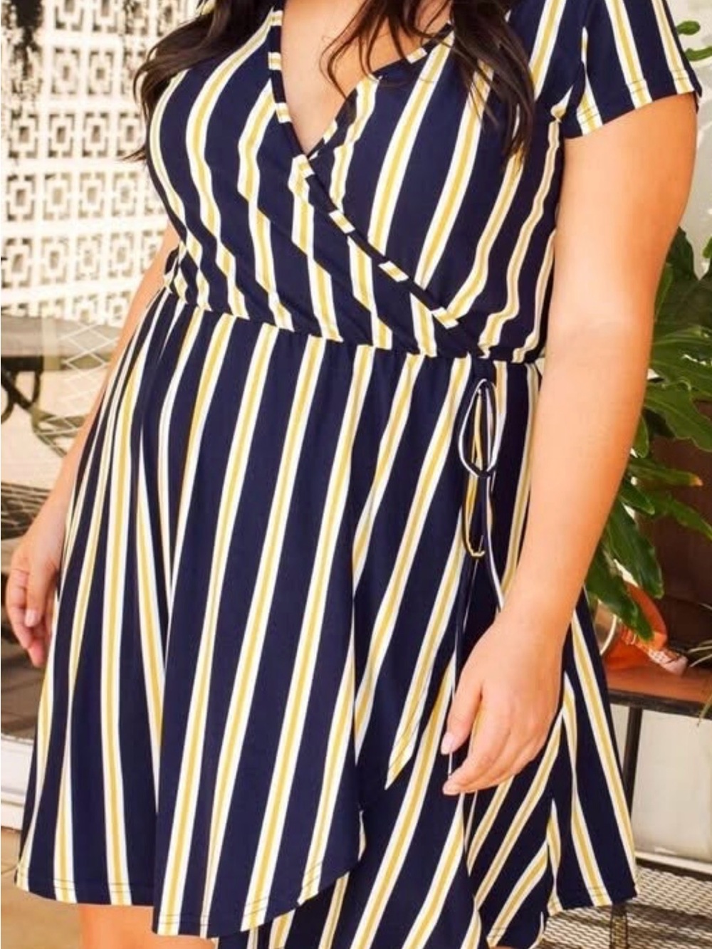 Plus Size Navy and Yellow Striped Wrap Midi Dress